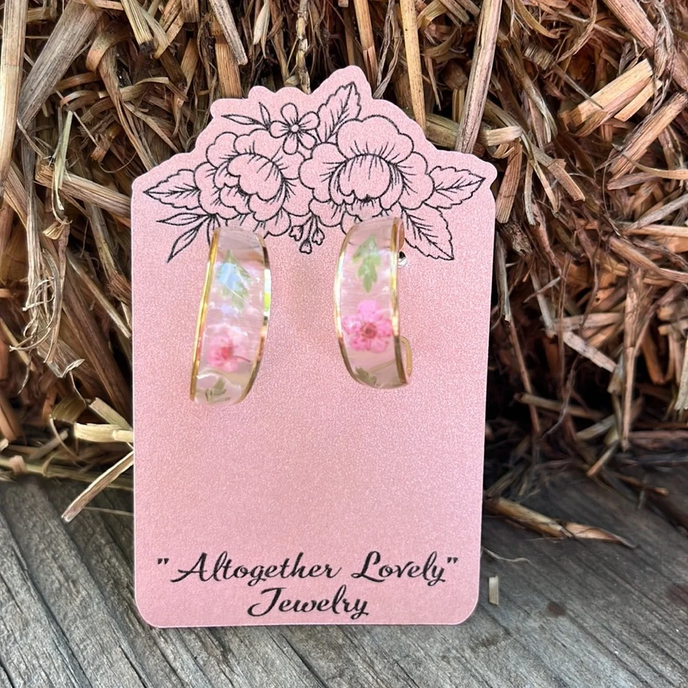 Handmade Gold Resin Hoop Earrings with Dried Pink Flowers - Picture 5 of 16